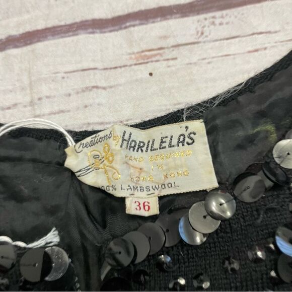 Vintage Beaded Sequin Embellised Shell Black 100% Lambs Wool Size 36 / Medium - Picture 9 of 10